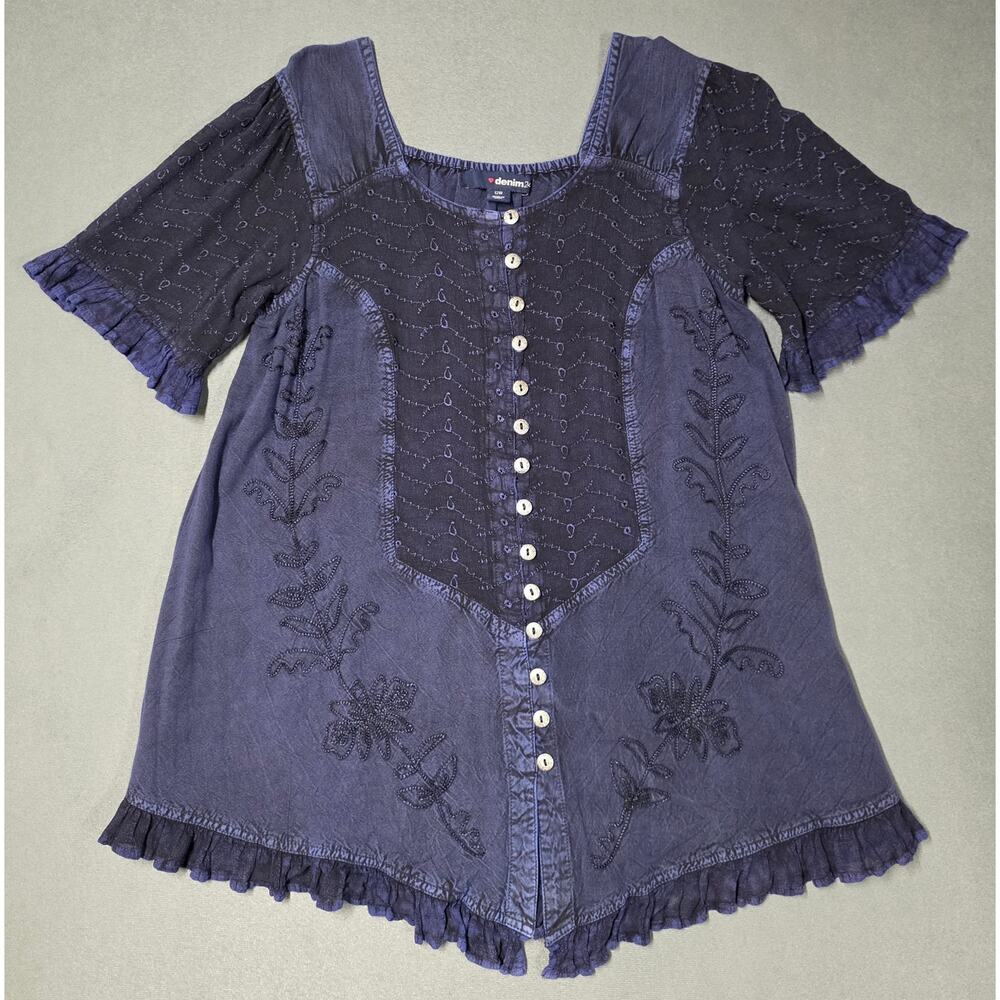 Denim 24 Boho Tunic Blouse Womens L 12 Stonewash Blue Versatile Casual Medieval